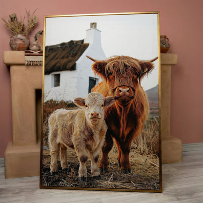 Highland Cattle and Calf with Cottage Canvas Print in rose gold floating frame