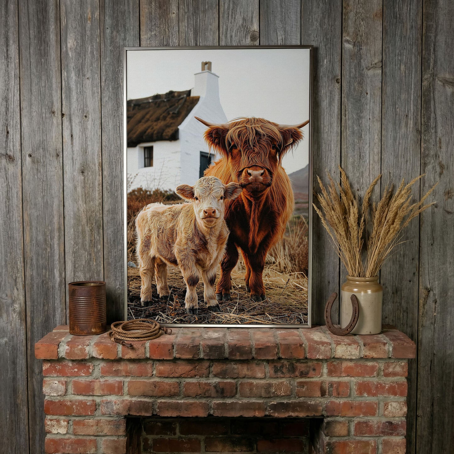 Highland Cattle and Calf with Cottage Canvas Print in silver floating frame