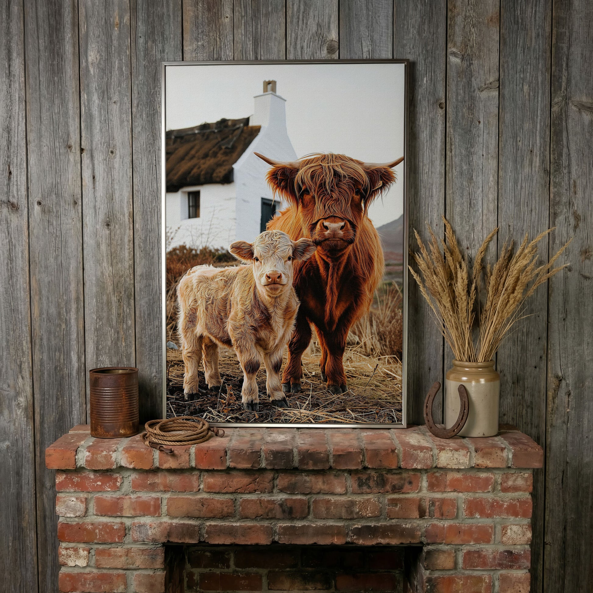 Highland Cattle and Calf with Cottage Canvas Print in silver floating frame