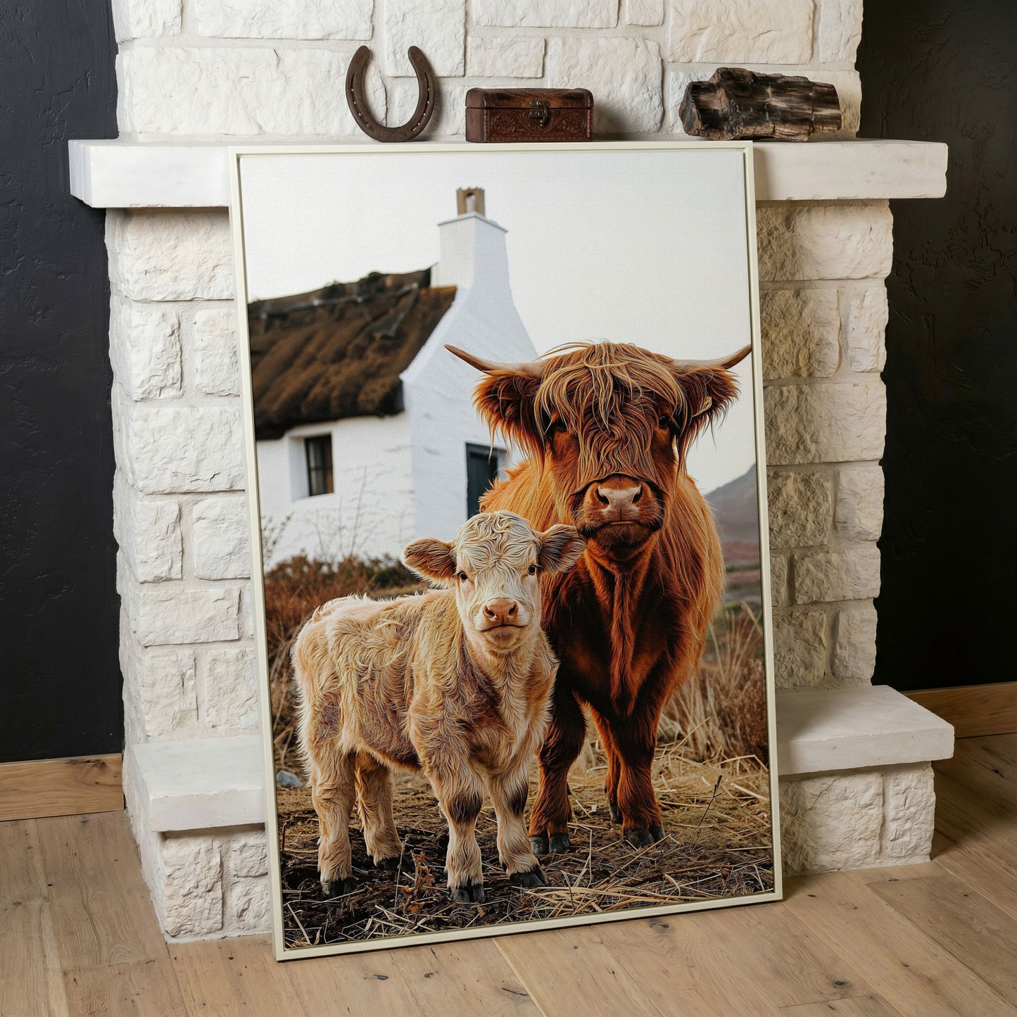 Highland Cattle and Calf with Cottage Canvas Print in white floating frame