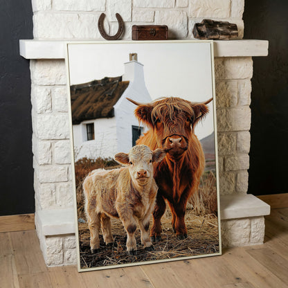 Highland Cattle and Calf with Cottage Canvas Print in white floating frame