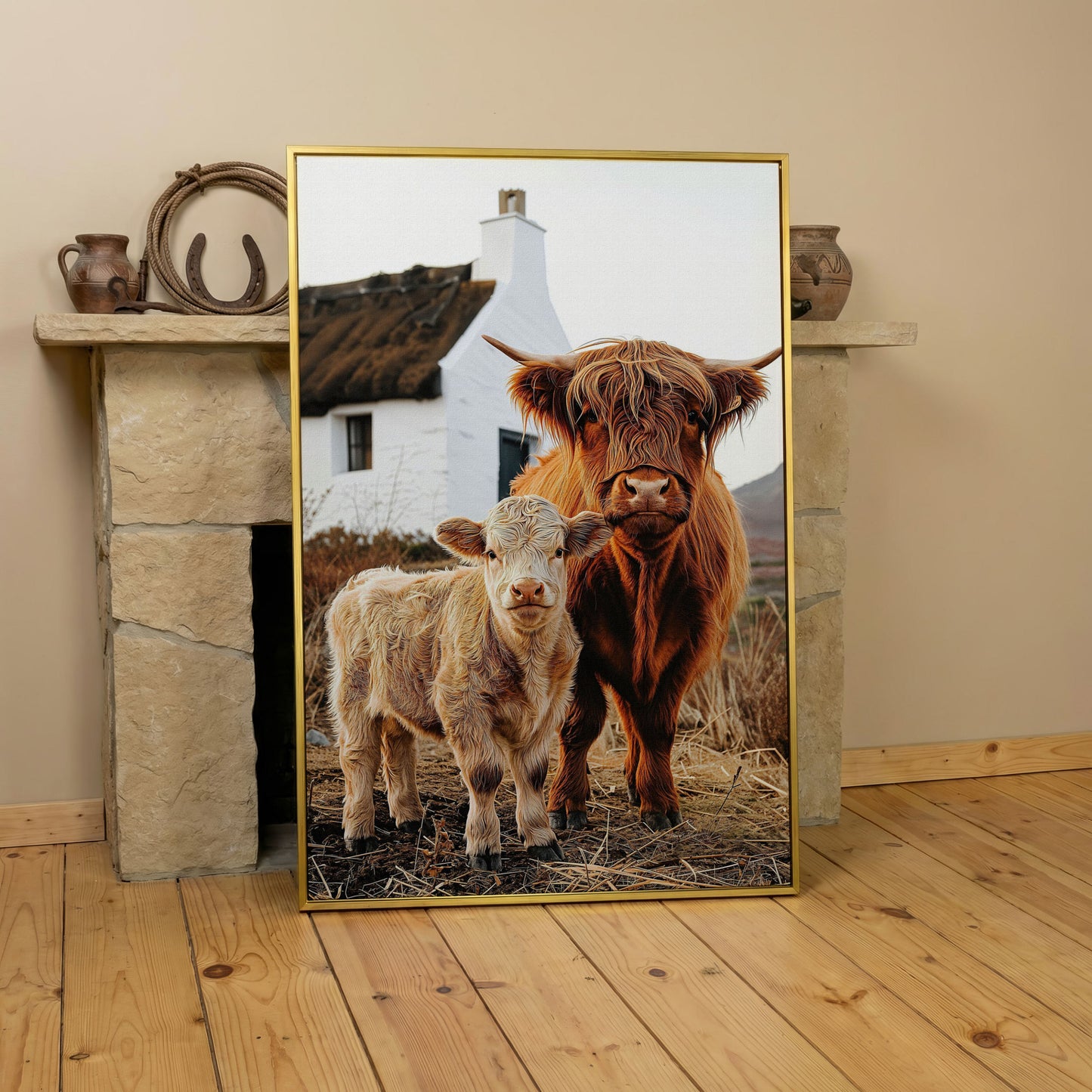 Highland Cattle and Calf with Cottage Canvas Print in yellow gold floating frame