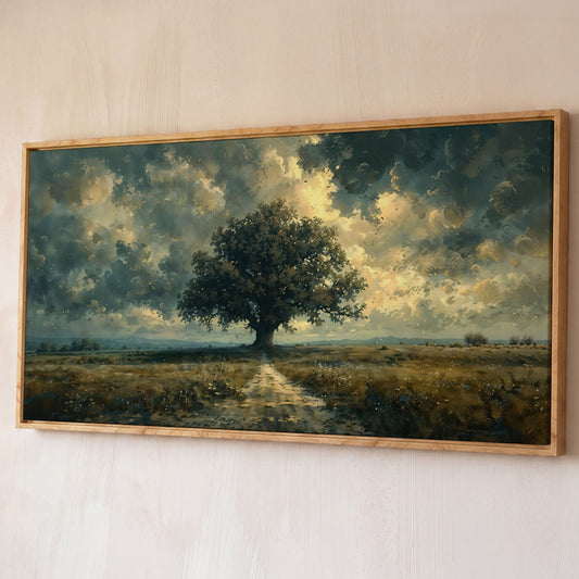 Tree of Life Wilderness Canvas shown in white oak floating frame