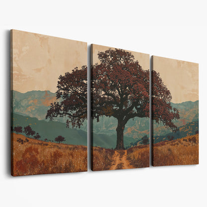 Oak Tree Silhouette Countryside Canvas as 3-panel split version