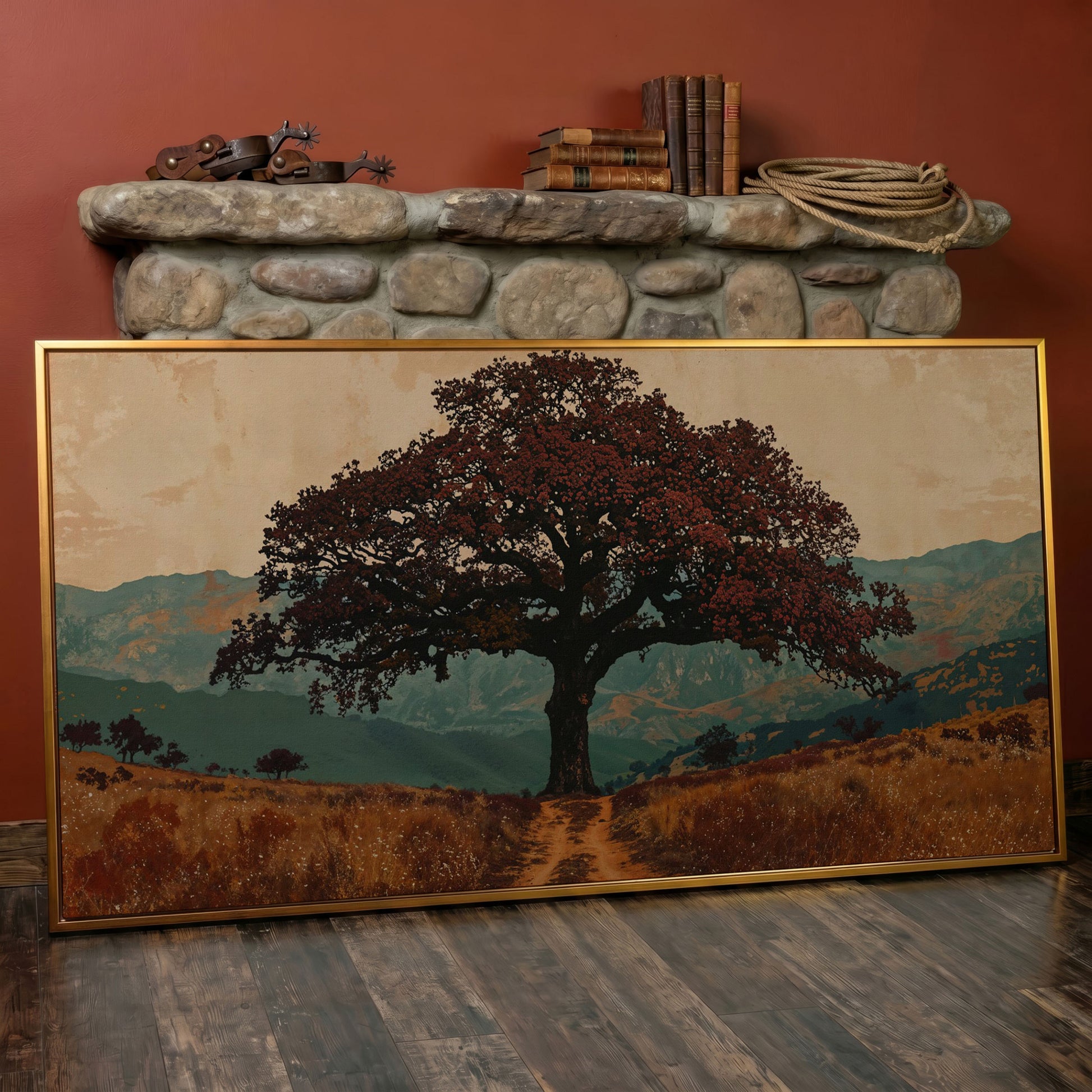 Oak Tree Silhouette Countryside Canvas in antique gold floating frame