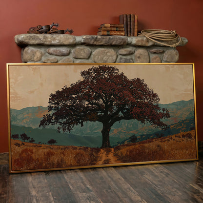 Oak Tree Silhouette Countryside Canvas in antique gold floating frame