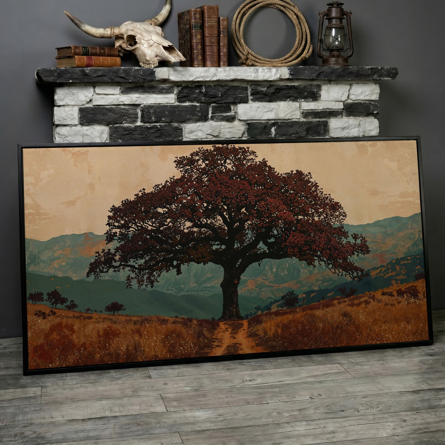 Oak Tree Silhouette Countryside Canvas in black floating frame