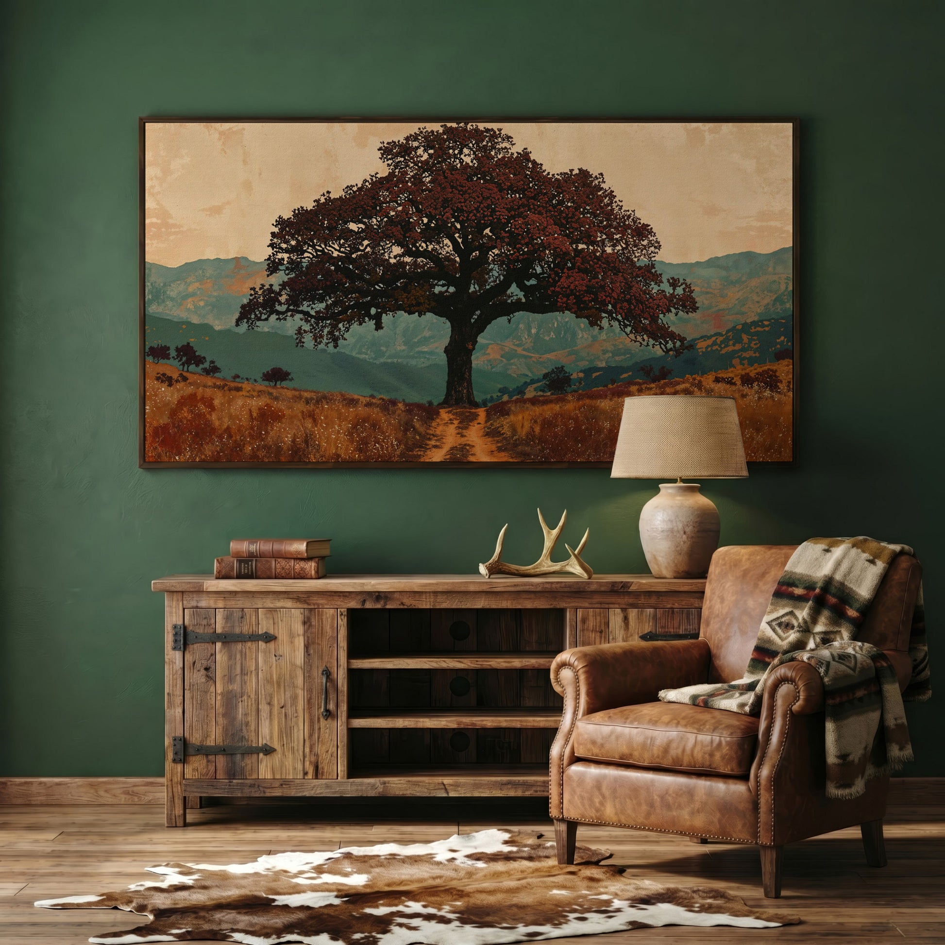 Oak Tree Silhouette Countryside Canvas in dark walnut floating frame