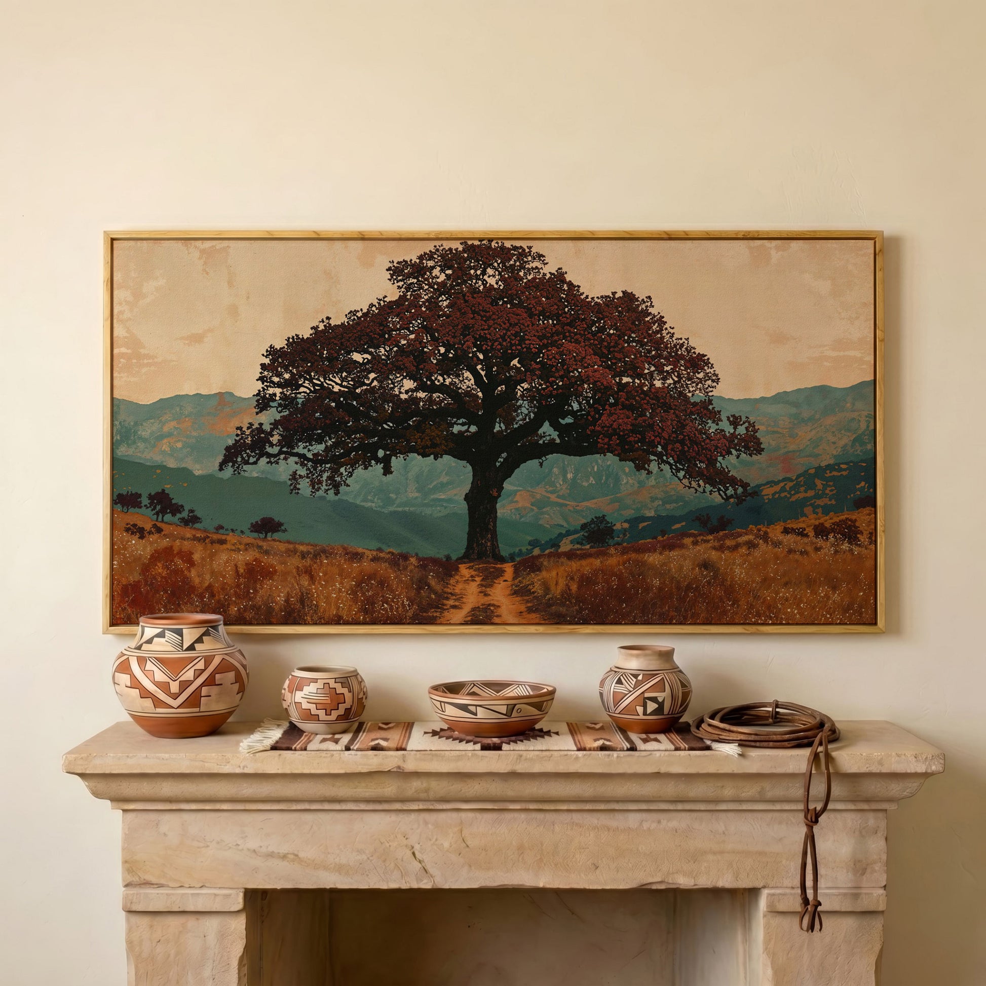 Oak Tree Silhouette Countryside Canvas in white oak floating frame