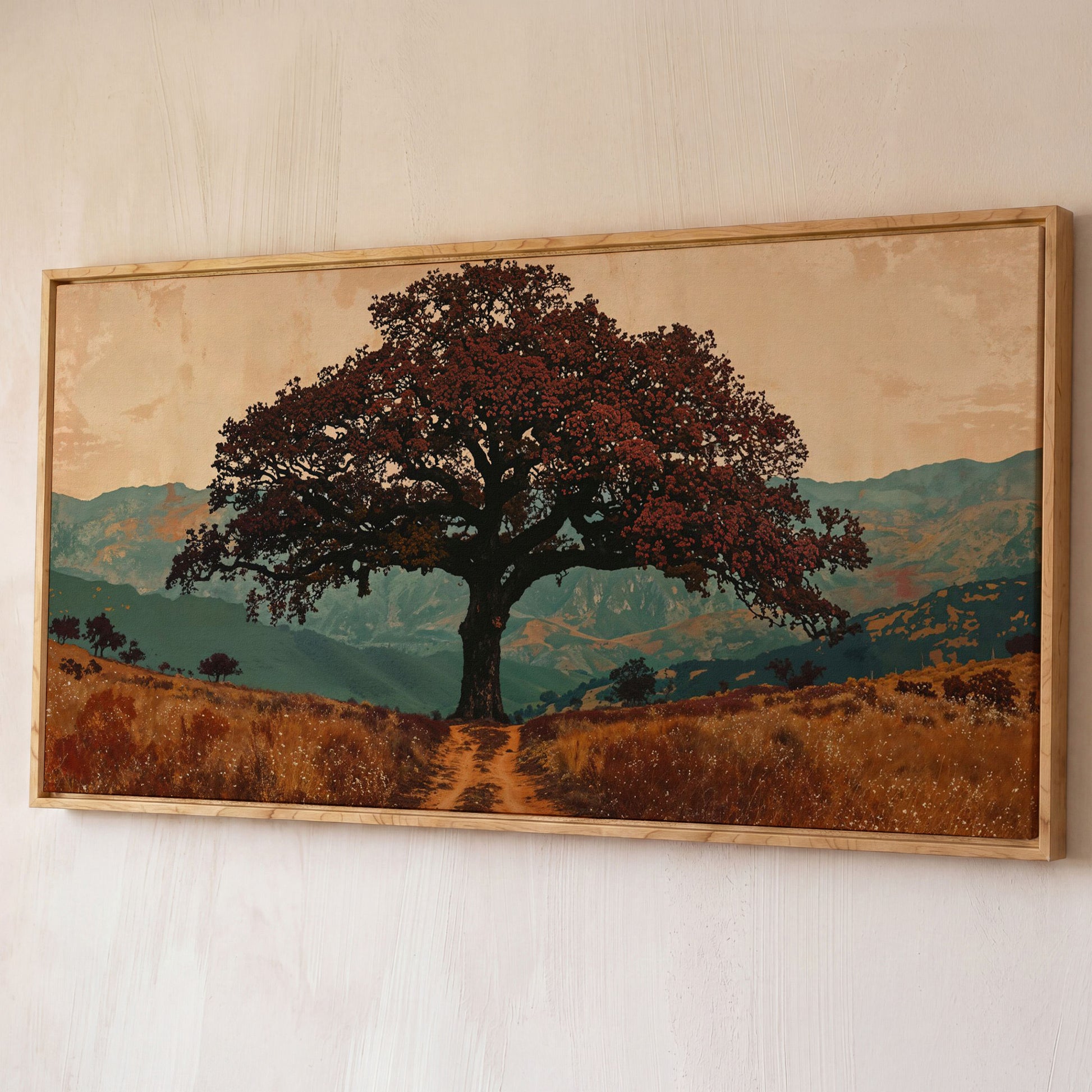 Oak Tree Silhouette Countryside Canvas shown in white oak floating frame