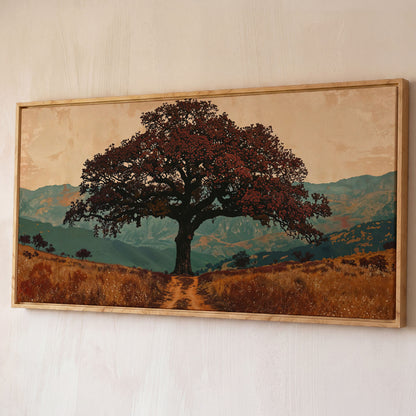 Oak Tree Silhouette Countryside Canvas shown in white oak floating frame