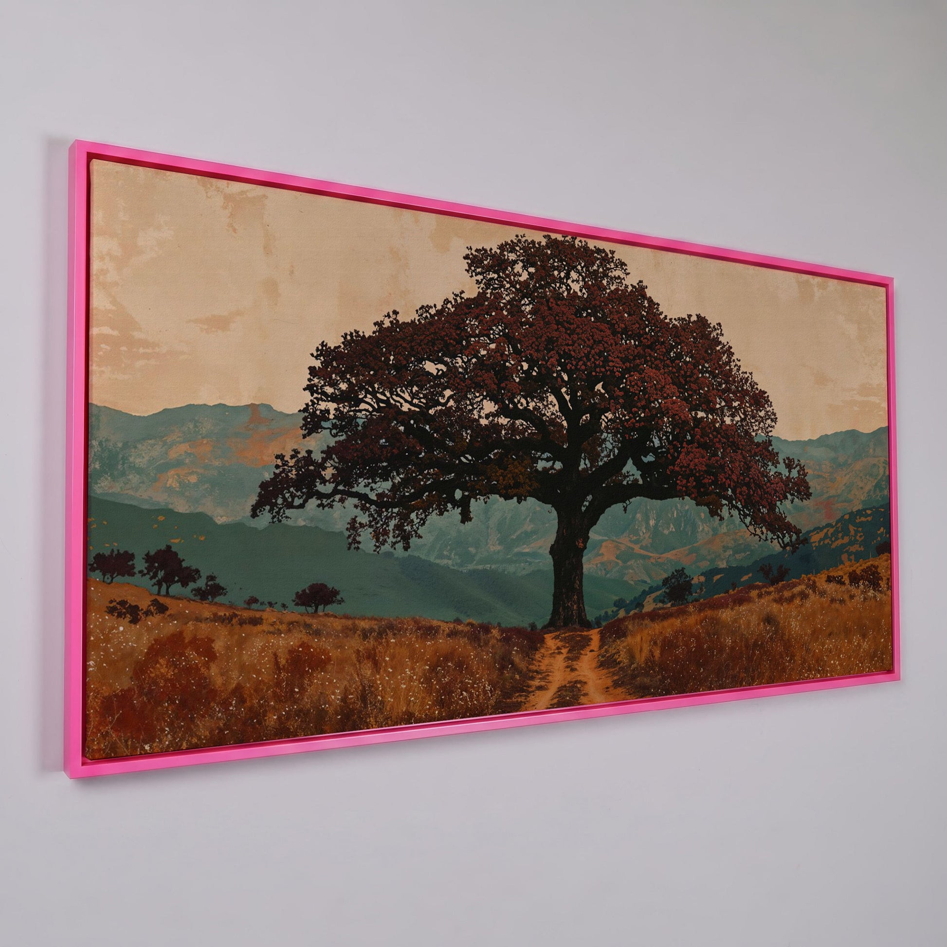 Oak Tree Silhouette Countryside Canvas in pink floating frame