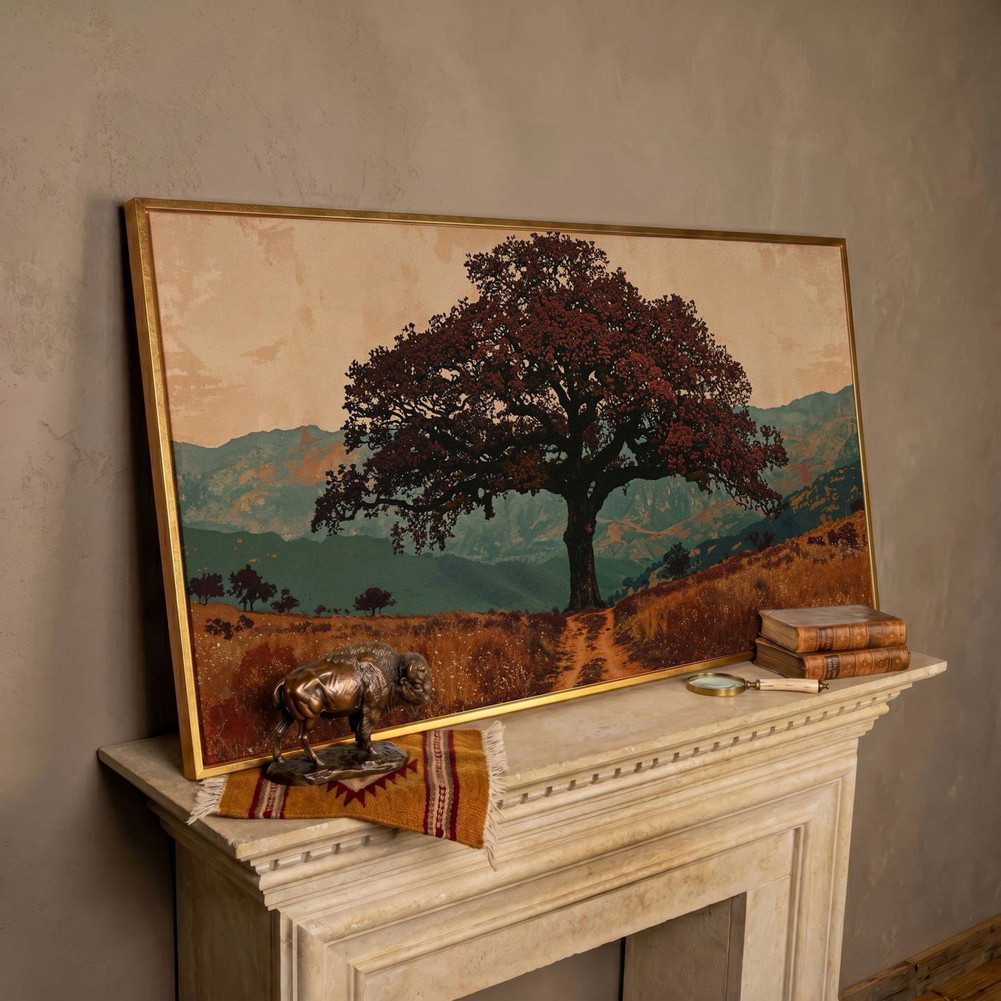 Oak Tree Silhouette Countryside Canvas in rose gold floating frame