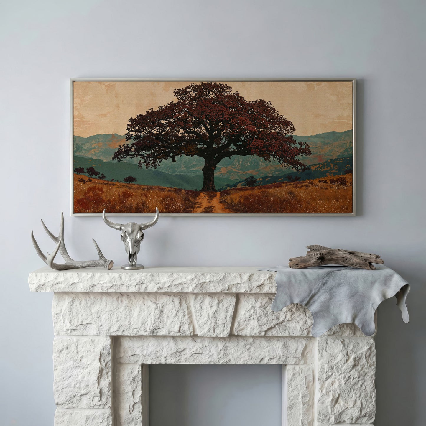 Oak Tree Silhouette Countryside Canvas in silver floating frame