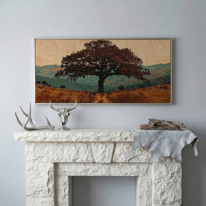 Oak Tree Silhouette Countryside Canvas in silver floating frame