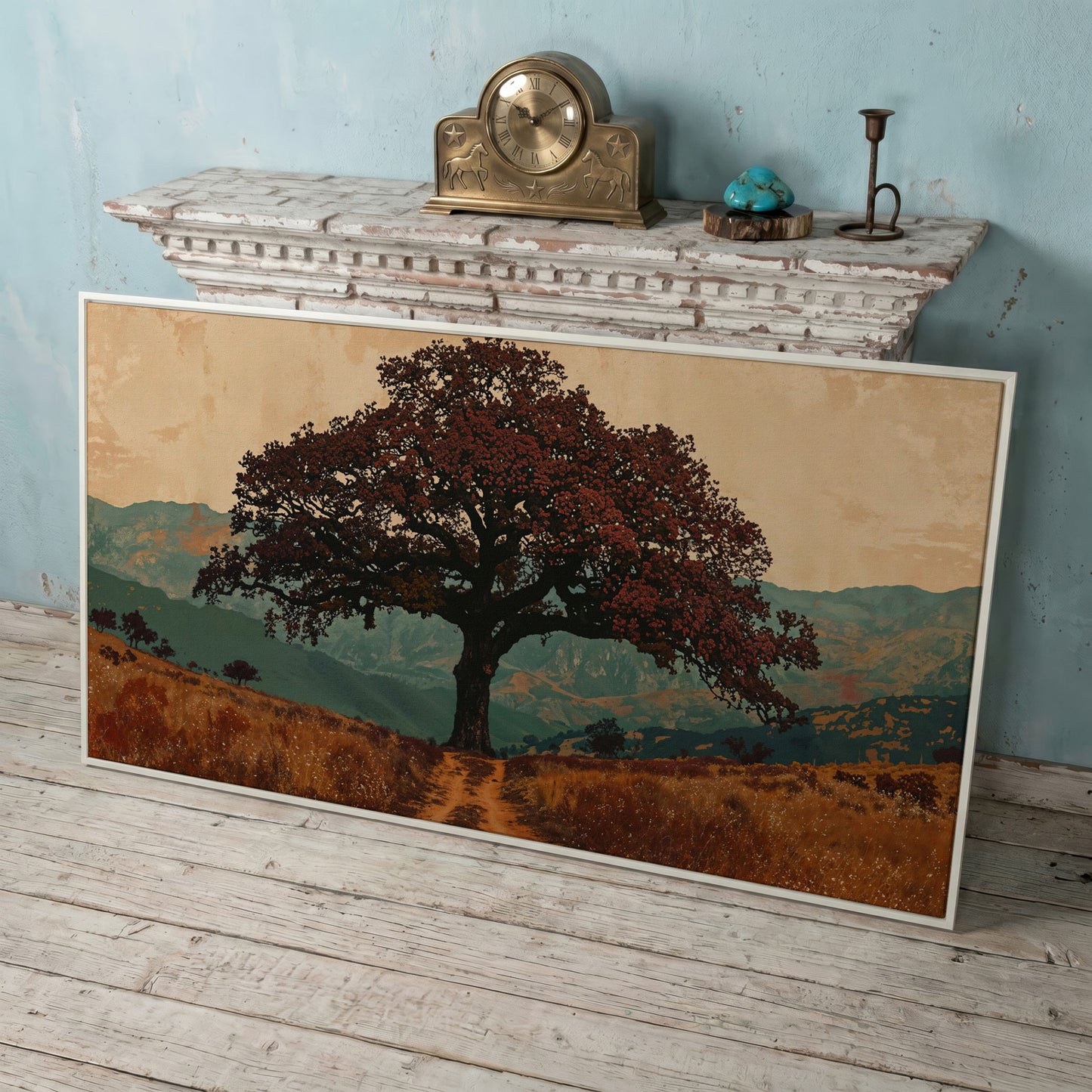 Oak Tree Silhouette Countryside Canvas in white floating frame