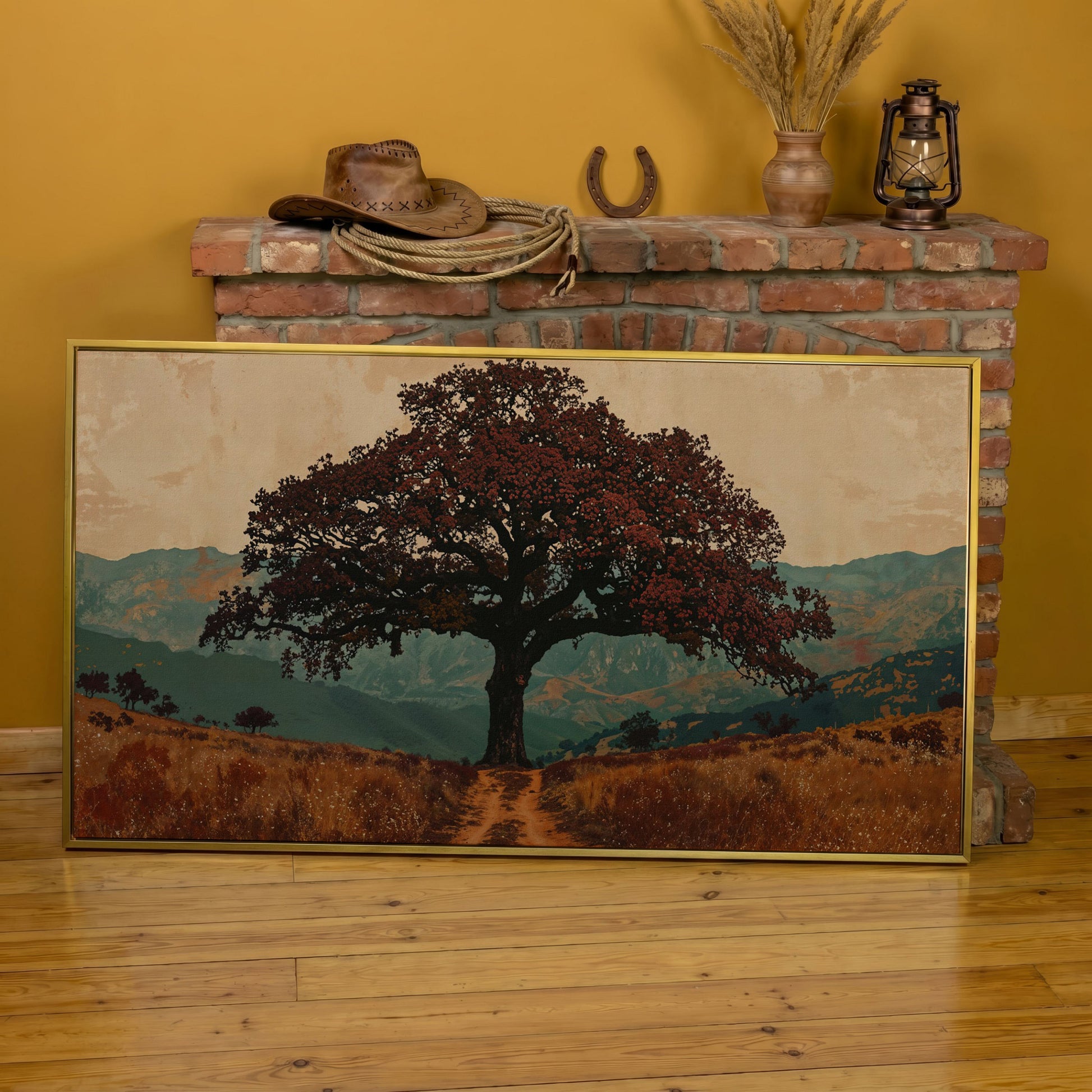 Oak Tree Silhouette Countryside Canvas in yellow gold floating frame