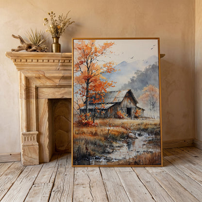 Rustic Barn and Flowing Creek Canvas Print in antique gold floating frame