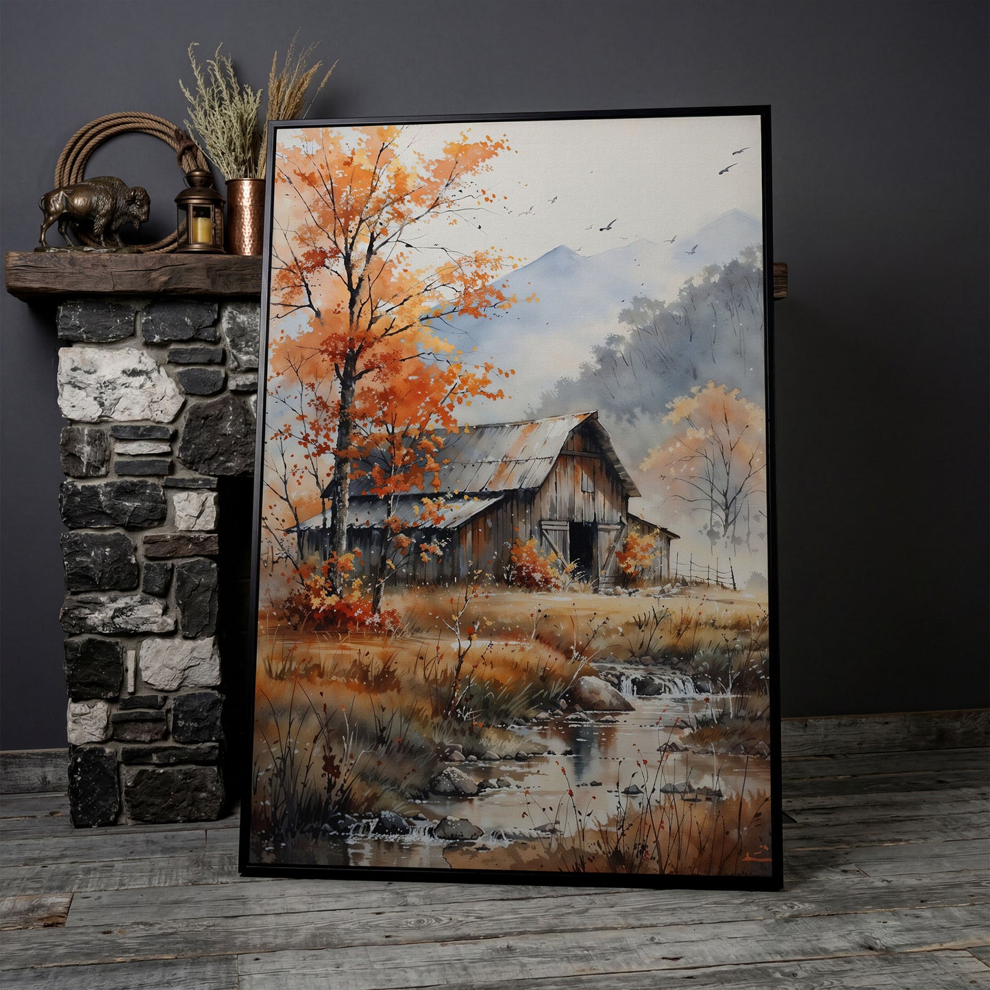 Rustic Barn and Flowing Creek Canvas Print in black floating frame
