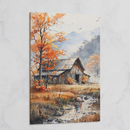 Rustic Barn and Flowing Creek Canvas Print on gallery wrap