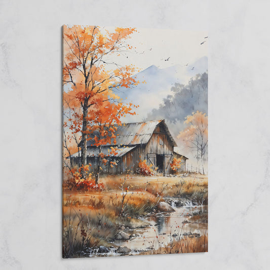 Rustic Barn and Flowing Creek Canvas Print on gallery wrap