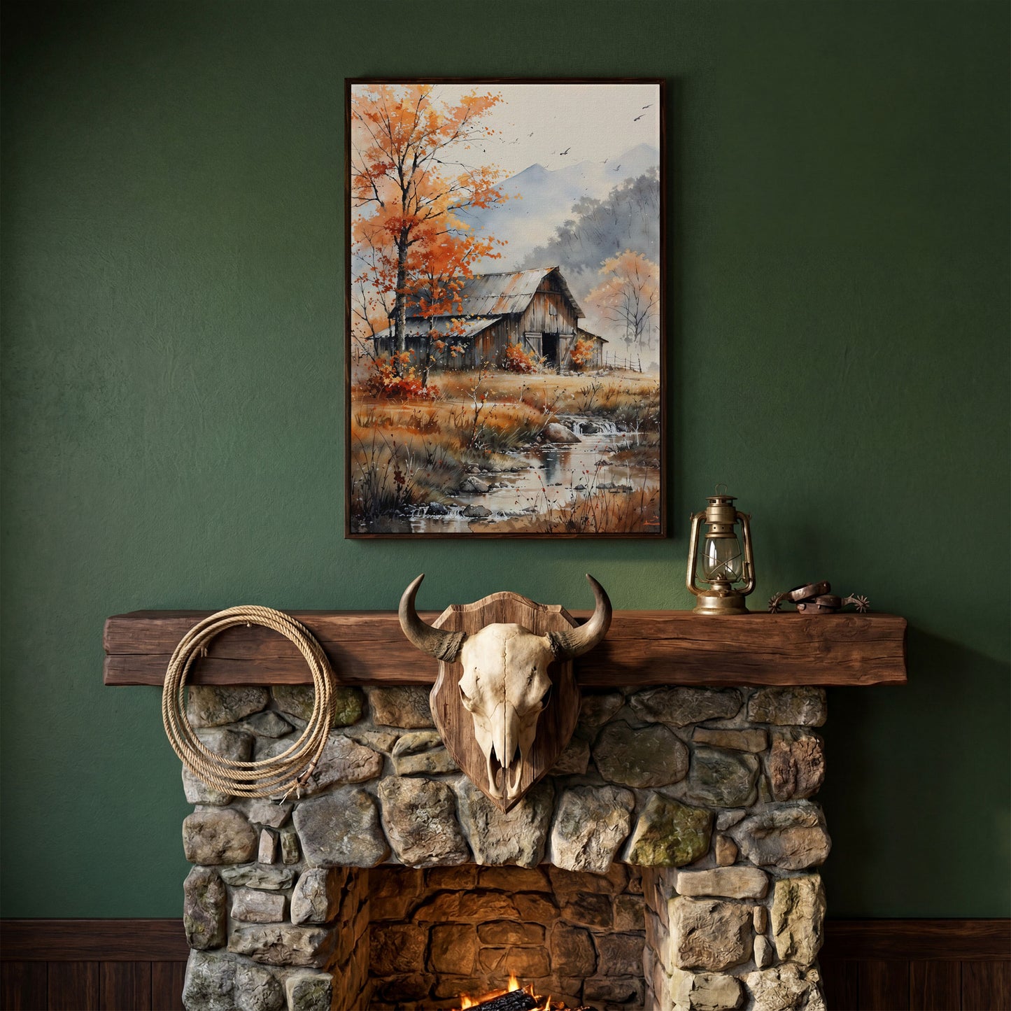 Rustic Barn and Flowing Creek Canvas Print in dark walnut floating frame