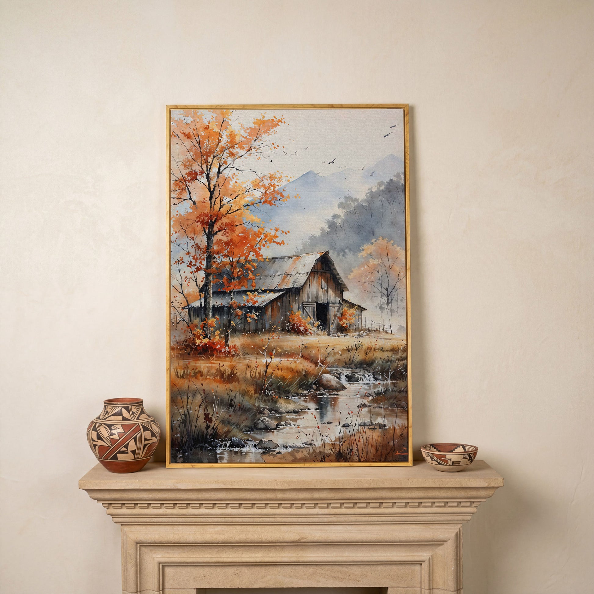 Rustic Barn and Flowing Creek Canvas Print in white oak floating frame