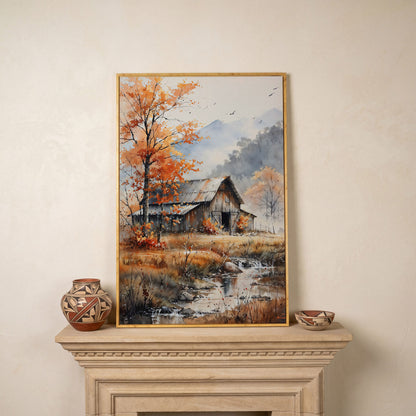 Rustic Barn and Flowing Creek Canvas Print in white oak floating frame
