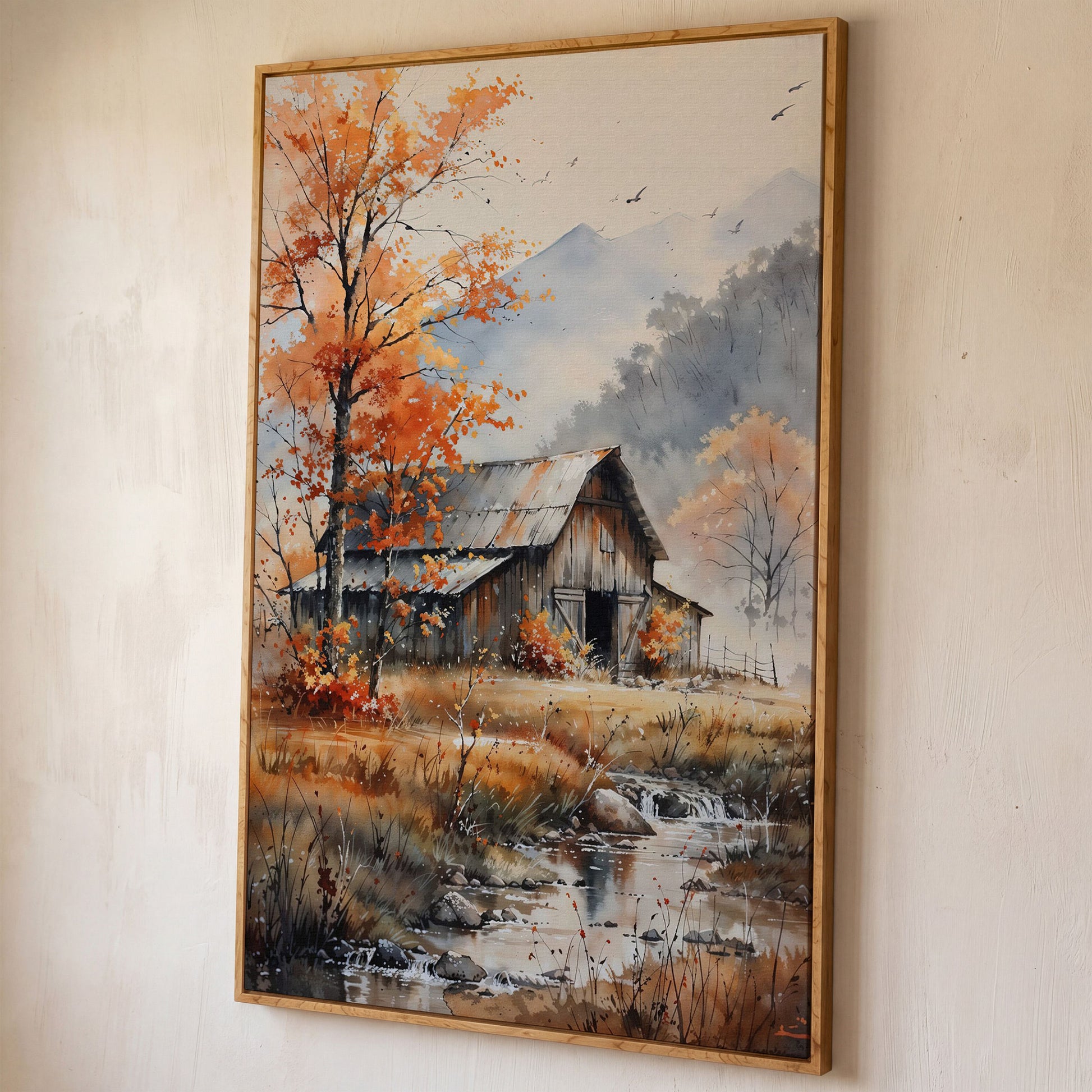 Rustic Barn and Flowing Creek Canvas Print shown in white oak floating frame