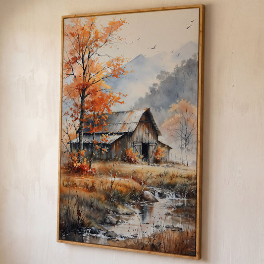 Rustic Barn and Flowing Creek Canvas Print shown in white oak floating frame