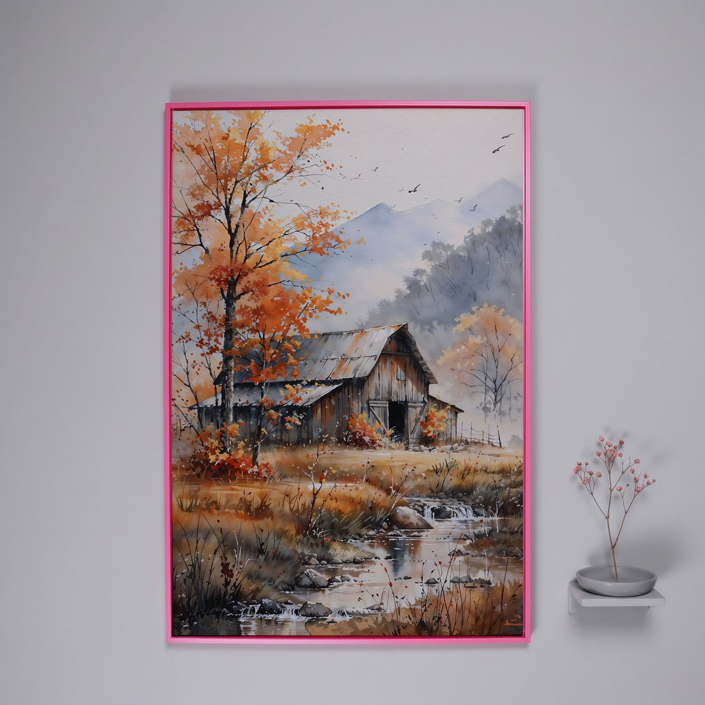 Rustic Barn and Flowing Creek Canvas Print in pink floating frame