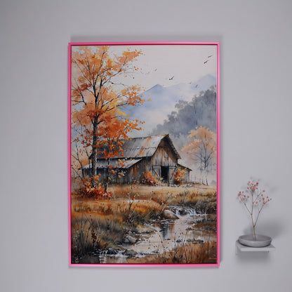 Rustic Barn and Flowing Creek Canvas Print in pink floating frame