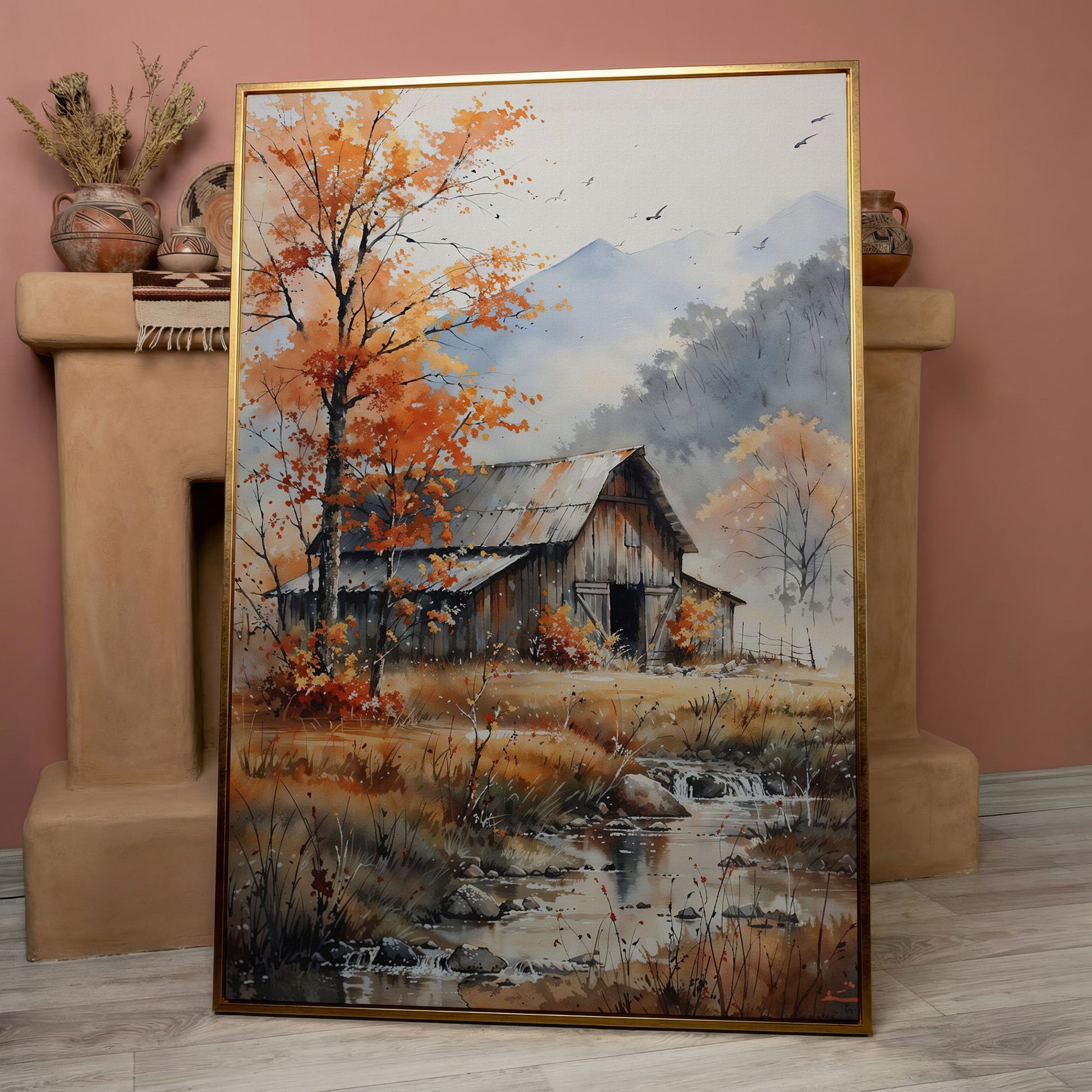 Rustic Barn and Flowing Creek Canvas Print in rose gold floating frame