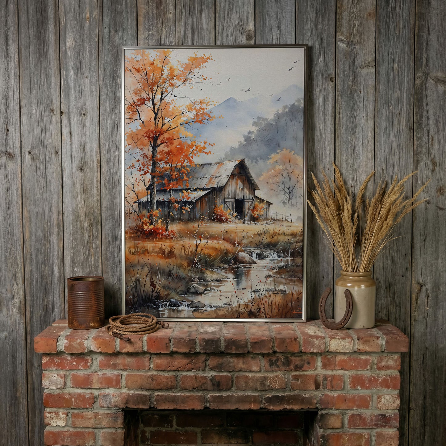 Rustic Barn and Flowing Creek Canvas Print in silver floating frame