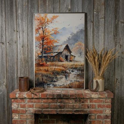 Rustic Barn and Flowing Creek Canvas Print in silver floating frame
