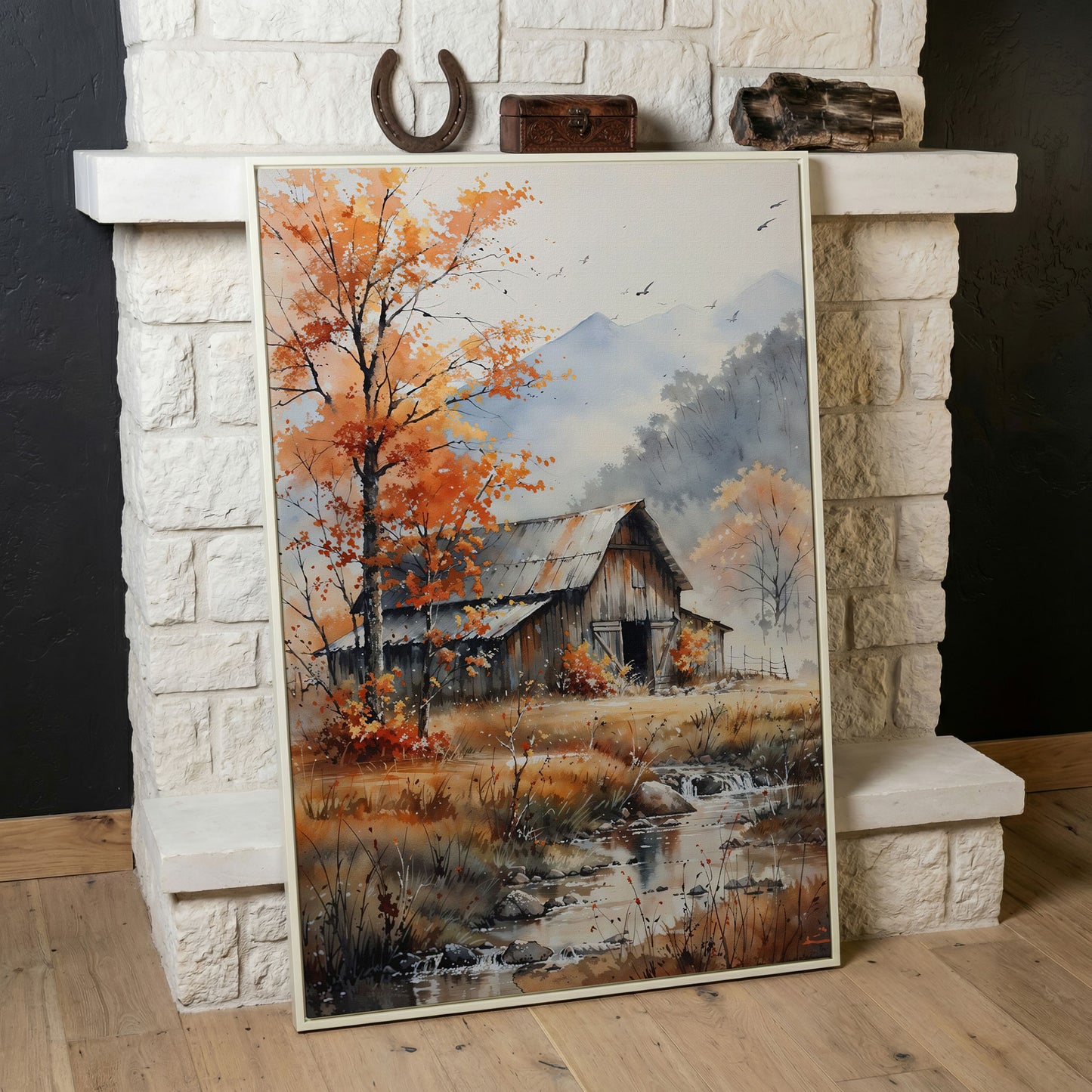 Rustic Barn and Flowing Creek Canvas Print in white floating frame