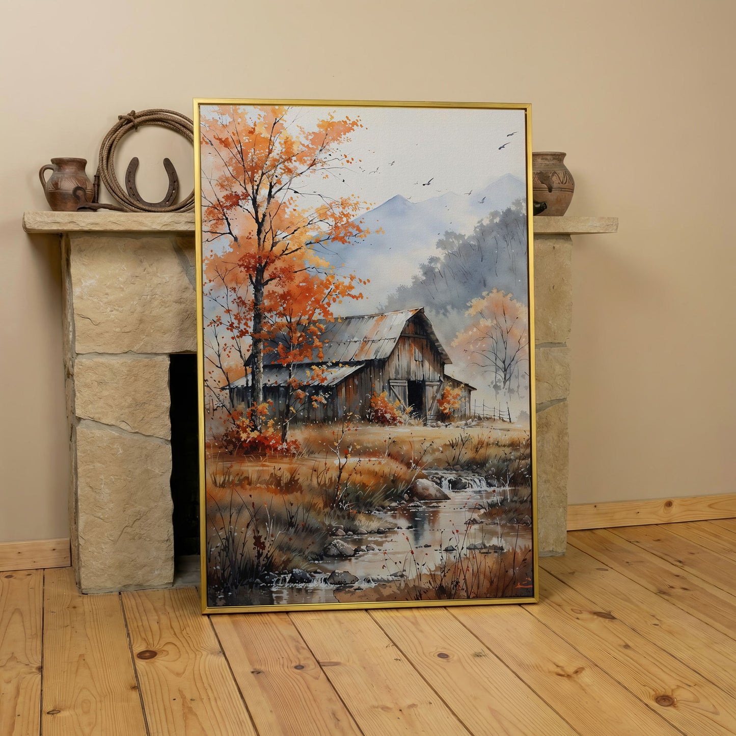 Rustic Barn and Flowing Creek Canvas Print in yellow gold floating frame