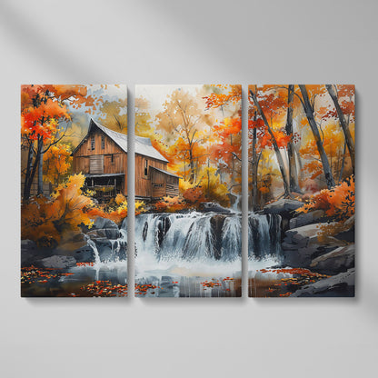 Cozy Cabin by Autumn Waterfall Canvas Print as 3-panel split version