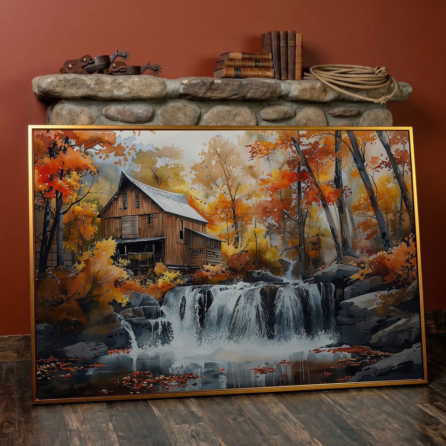 Cozy Cabin by Autumn Waterfall Canvas Print in antique gold floating frame