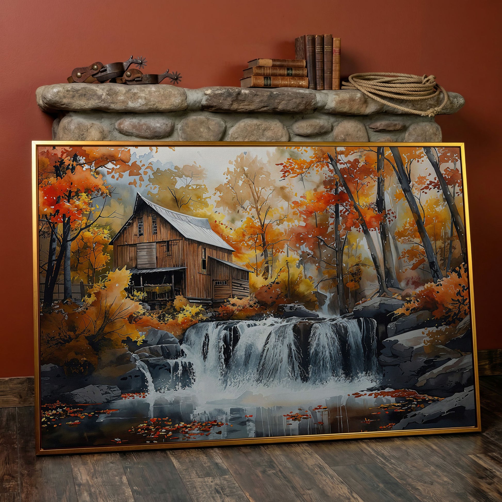 Cozy Cabin by Autumn Waterfall Canvas Print in antique gold floating frame