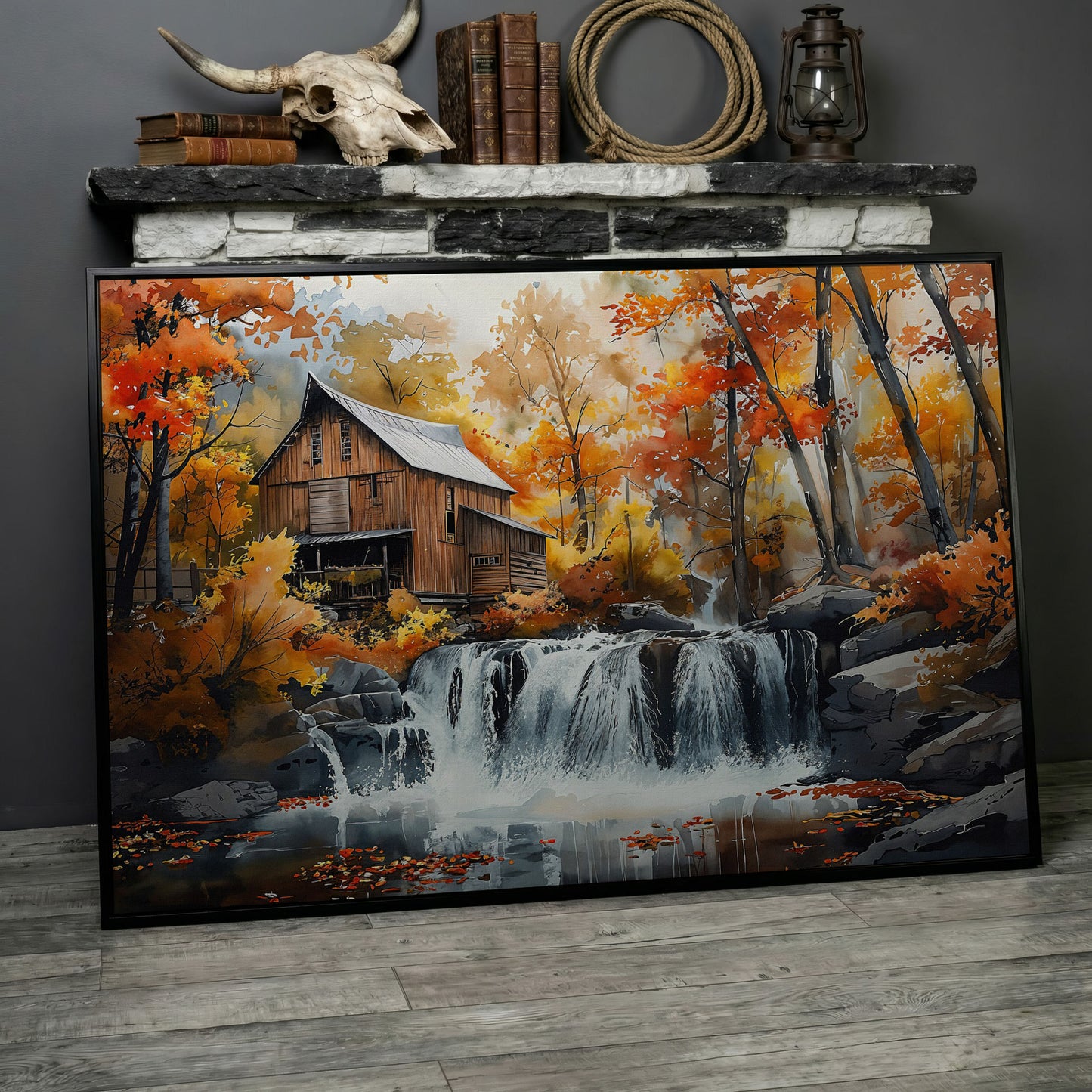 Cozy Cabin by Autumn Waterfall Canvas Print in black floating frame