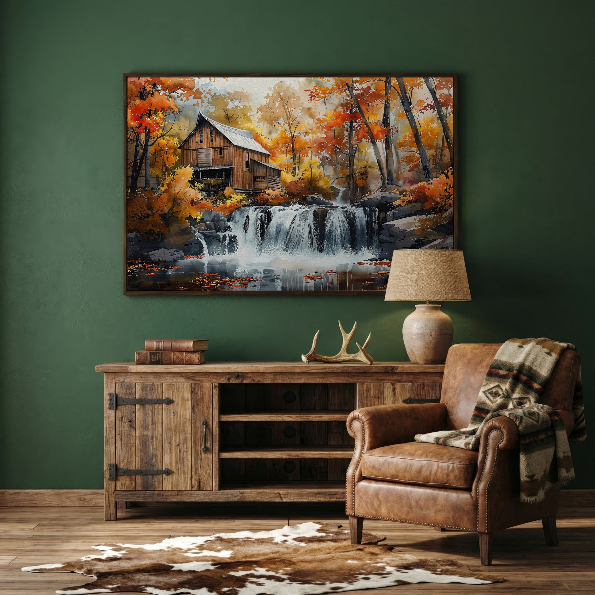 Cozy Cabin by Autumn Waterfall Canvas Print in dark walnut floating frame