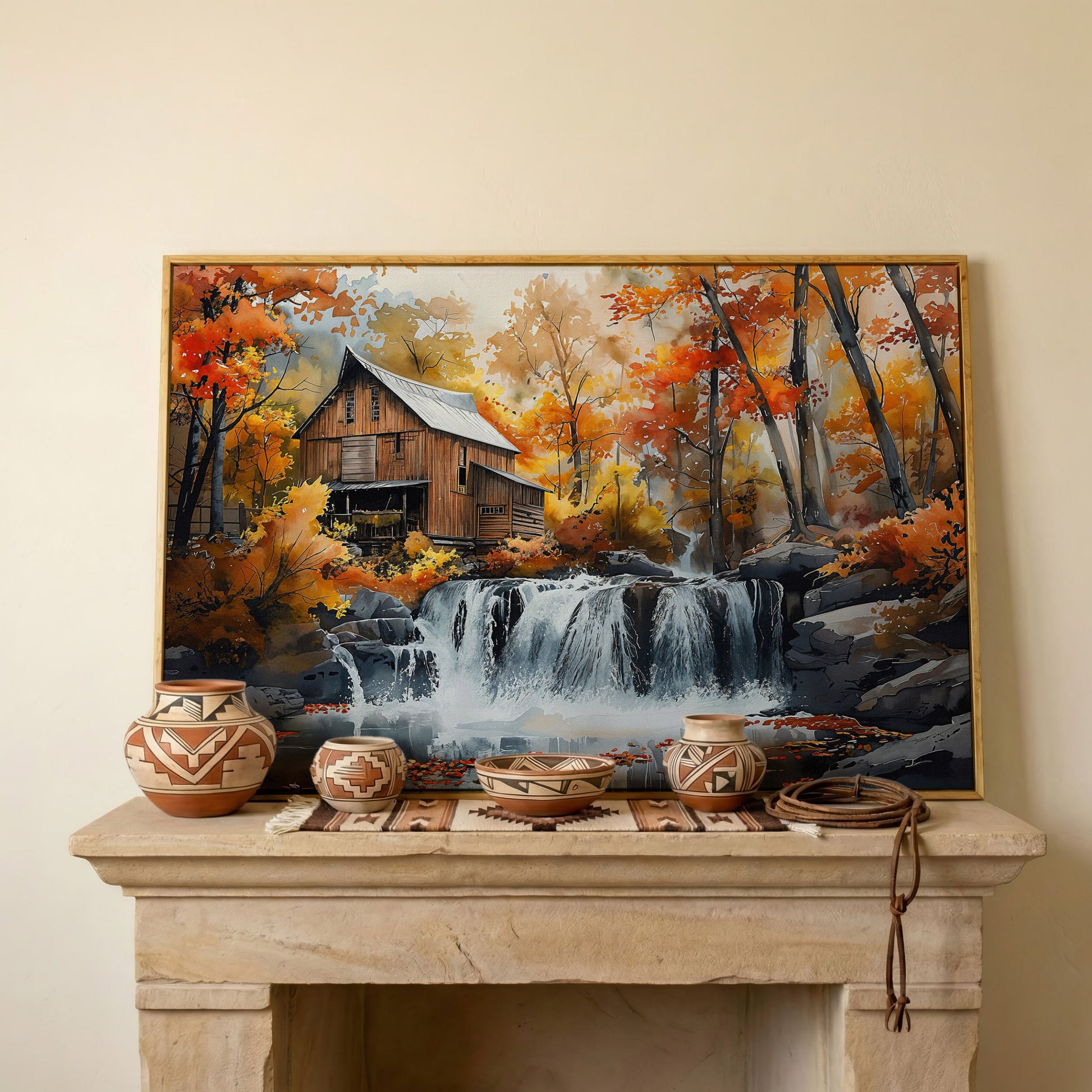 Cozy Cabin by Autumn Waterfall Canvas Print in white oak floating frame