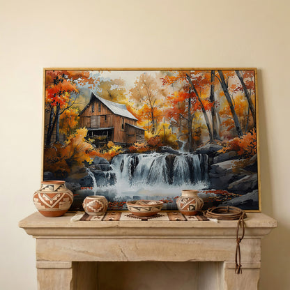 Cozy Cabin by Autumn Waterfall Canvas Print in white oak floating frame