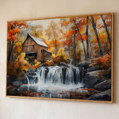 Cozy Cabin by Autumn Waterfall Canvas Print shown in white oak floating frame