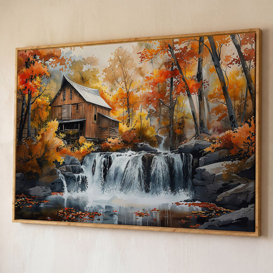 Cozy Cabin by Autumn Waterfall Canvas Print shown in white oak floating frame