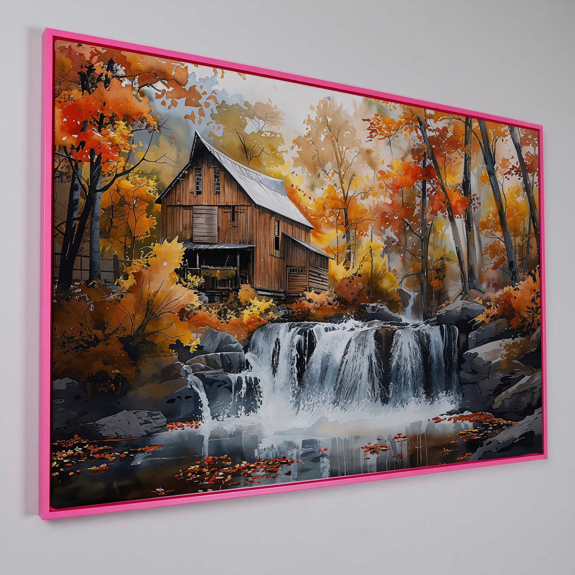 Cozy Cabin by Autumn Waterfall Canvas Print in pink floating frame