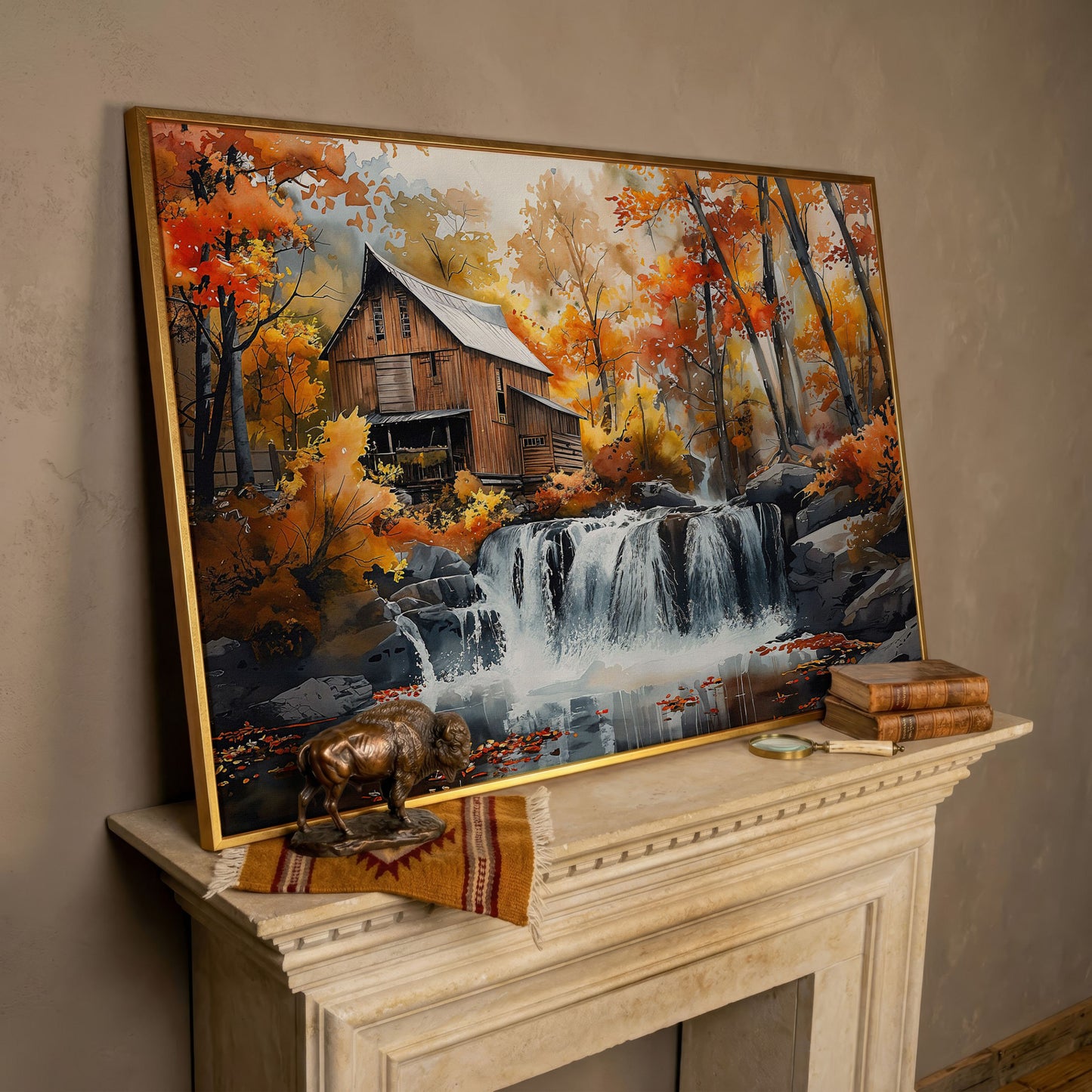 Cozy Cabin by Autumn Waterfall Canvas Print in rose gold floating frame