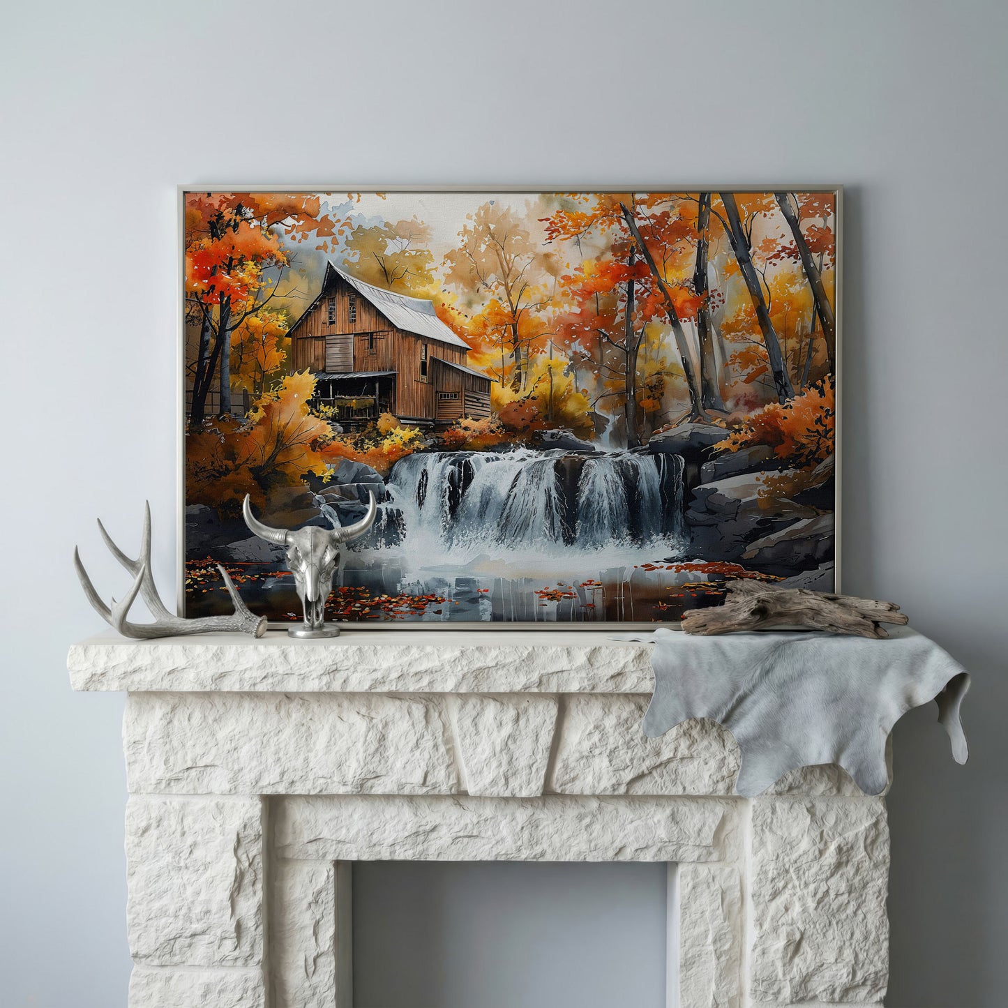 Cozy Cabin by Autumn Waterfall Canvas Print in silver floating frame