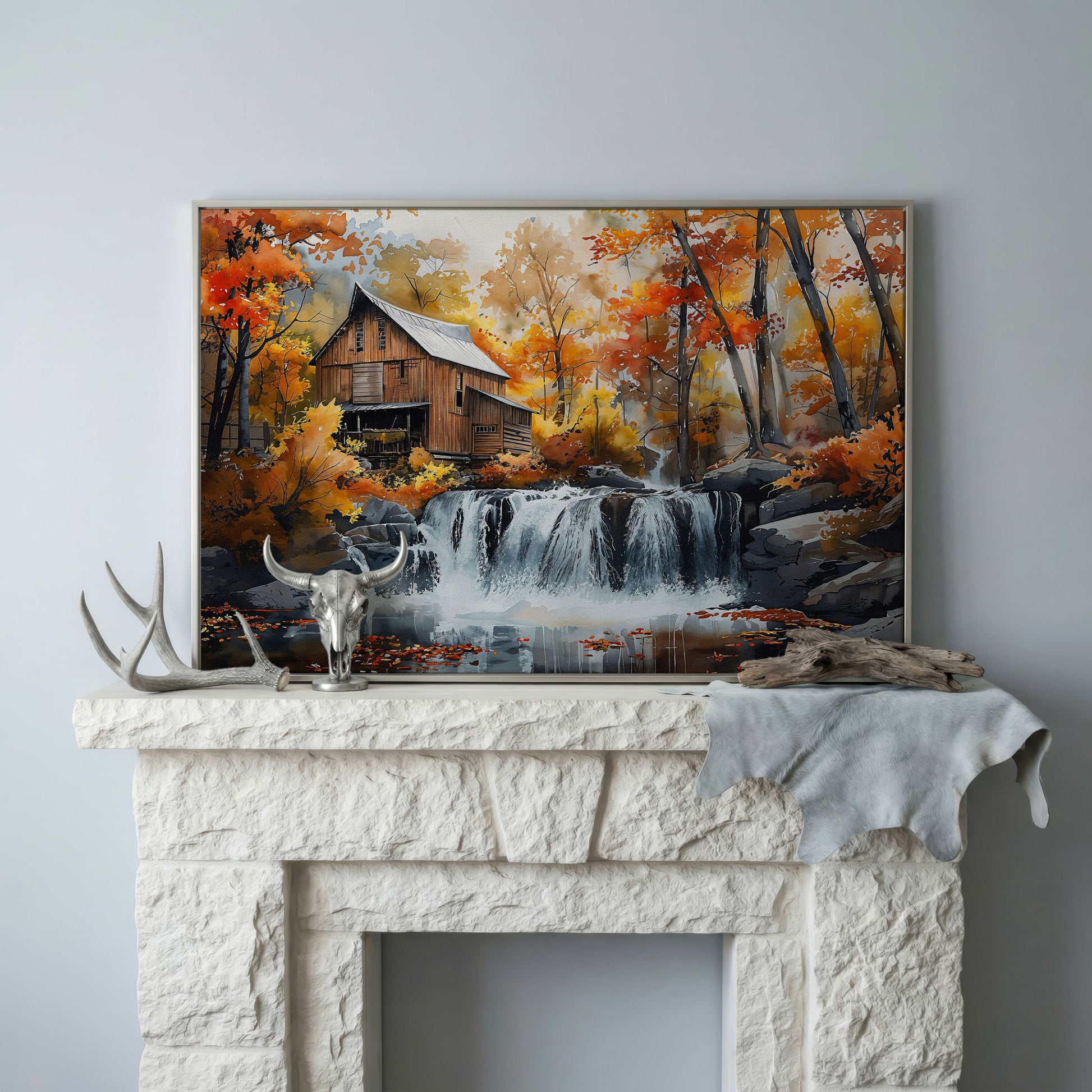 Cozy Cabin by Autumn Waterfall Canvas Print in silver floating frame